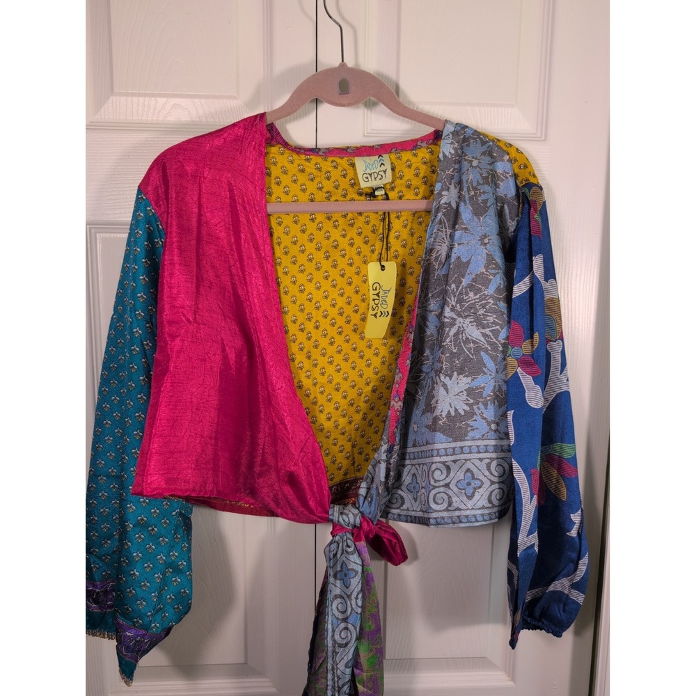 JADED GYPSY Colorful Patchwork Tie Wrap Boho Artsy Top Free Size NWT - Picture 2 of 12